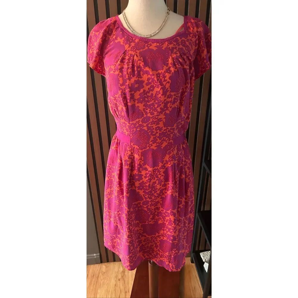 Boden Fit & Flare Dress Women's 6R Orange Purple Floral Viscose Cap Sleeve 7651